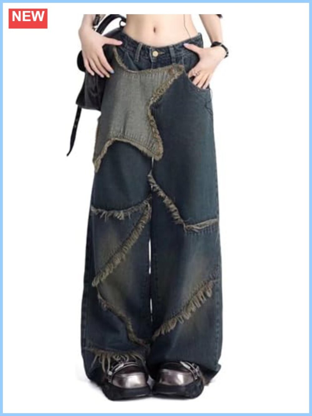 Women's High Waisted Baggy Jeans Star Patchwork Cotton Denim Pants